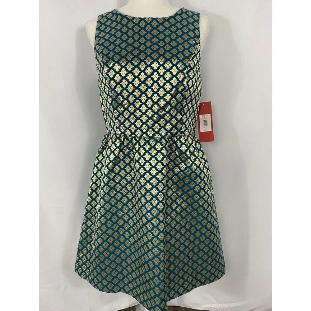 Carmen Marc Valvo Green Dress Gold Flower Women Size 8 $328 - Picture 1 of 5